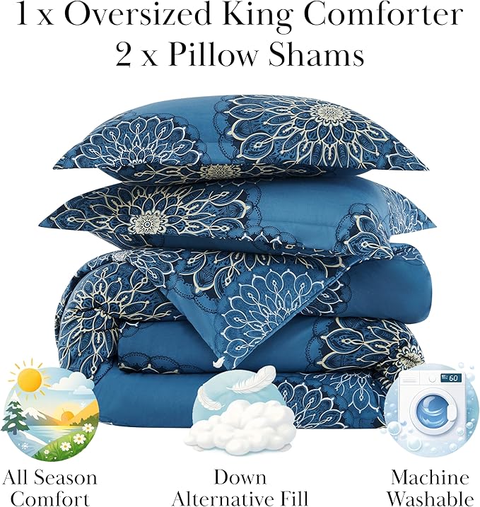 Southshore Fine Living, Inc. Oversized Comforter King Size Bedding Set, Down Alternative Boho Bedspread, Paisley Floral Comforter, King/California Size with 2 Matching Shams, Midnight Floral Blue