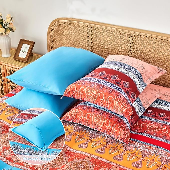 Boho Comforter Set Queen - 7 Pieces Bed in a Bag, Bohemian Striped Comforter Set with Sheets, Soft Microfiber Colorful Floral Bedding Set for All Season