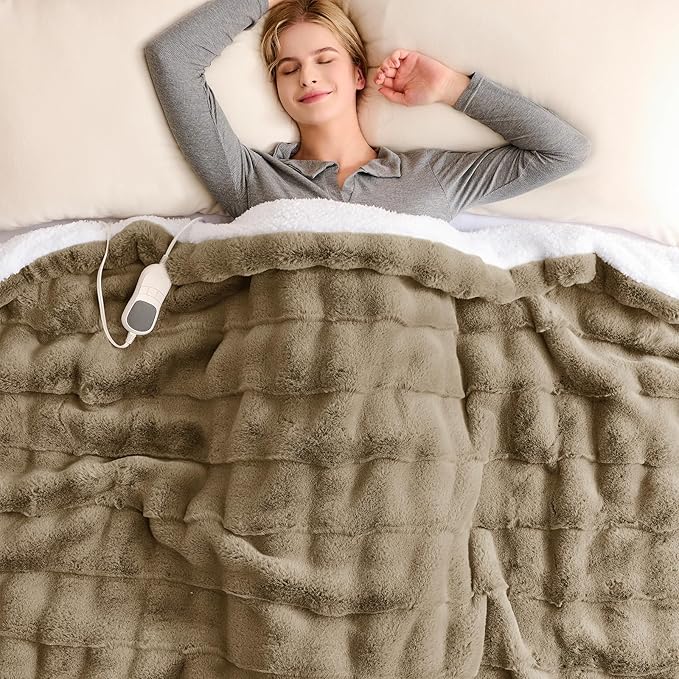 Homemate Heated Blanket Electric Throw - 50"x60" Heating Blanket Throw 1/2/4/6/8 Hours Auto-Off 10 Heat Levels Over-Heat Protection Luxury 800 GSM Faux Fur 200 GSM Sherpa ETL Certification