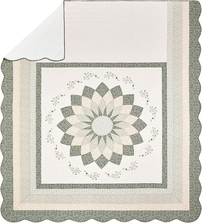 Modern Heirloom Harper Green Floral Embroidered Quilted Bedspread - Lightweight Breathable All Seasons Bedding, Queen Size
