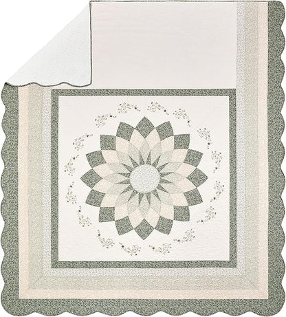 Modern Heirloom Harper Green Floral Embroidered Quilted Bedspread - Lightweight Breathable All Seasons Bedding, Queen Size