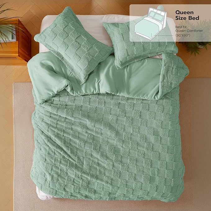 Joiedomi Tufted Queen Comforter Set, 3 Pieces Sage Green Boho Queen Bedding Set with 1 Plaid Geometric Comforter and 2 Pillow Shams, Checkered Bed in a Bag for All Seasons