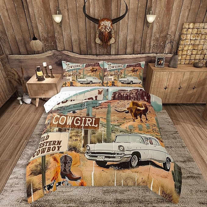 Feelyou Western Aztec Comforter Set King Size Cowboy Cow Duvet Quilt for Kids Teens Adults Wild Western Shoes Rustic Tribal Car Bedding Set Room Decor with 2 Pillow Case All Season Soft 3Pcs