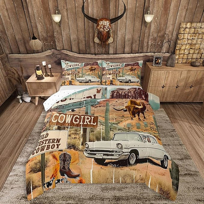 Feelyou Western Aztec Comforter Set King Size Cowboy Cow Duvet Quilt for Kids Teens Adults Wild Western Shoes Rustic Tribal Car Bedding Set Room Decor with 2 Pillow Case All Season Soft 3Pcs