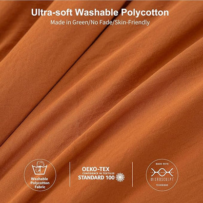 Burnt Orange Queen Size Comforter Set, Rust Comfy Fluffy Ultra Soft Polyester Cotton Blend, 3 Pieces Solid Terracotta Bedding Down Quilted Blanket Comforter & Pillowcase for All Season Use