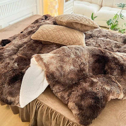 Luxury Faux Fur Shaggy Comforter Set King Size, Plush & Sherpa Reversible Comforter Tie Dye Coffee, 3 Pieces Fluffy Fuzzy Bedding Set Ultra Soft and Warm for Winter (1 Comforter + 2 Pillowcases)