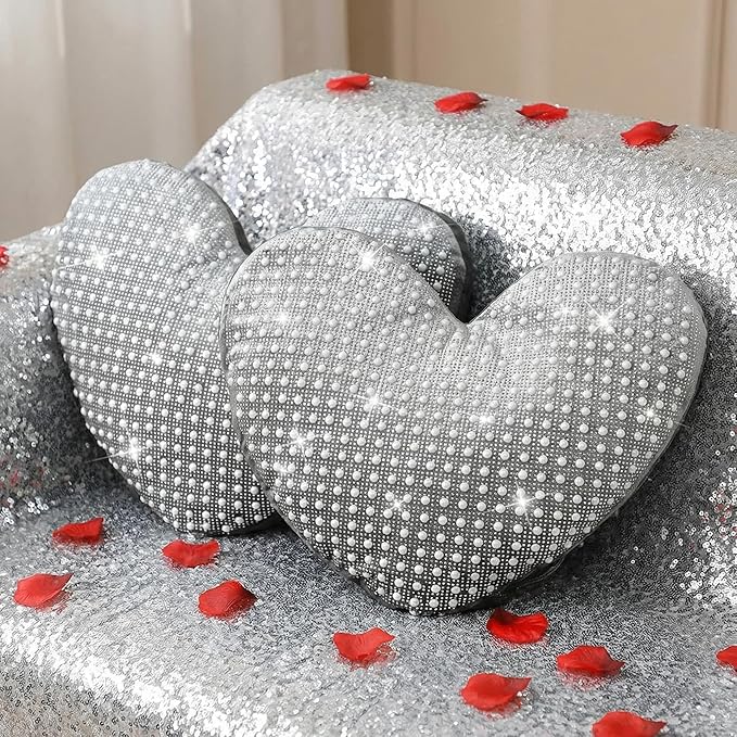 2 Pcs Rhinestones Heart Pillows with Sparkles Faux Crystal Pearls on Velvet Throw Pillow Silver Glitter Heart Cushion for Wedding Decoration Bed Sofa Mom Birthday Gifts, 13.8 x 11.8 Inch