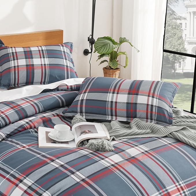 Andency Navy Red Plaid Comforter Set Twin(66x90 Inch), 2 Pieces Grid Gingham Stripes Bedding Comforter Sets for Boys Girls Kids Teens, Preppy Geometric Line Soft Lightweight Reversible Bed Set as Gift