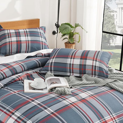 Andency Navy Red Plaid Comforter Set Twin(66x90 Inch), 2 Pieces Grid Gingham Stripes Bedding Comforter Sets for Boys Girls Kids Teens, Preppy Geometric Line Soft Lightweight Reversible Bed Set as Gift