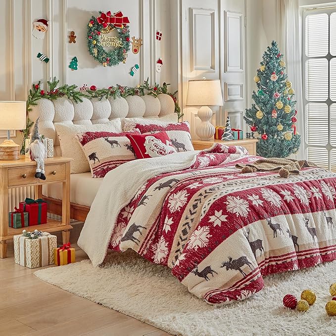 Christmas Sherpa Comforter Set Queen Size 3 Pieces Red Stripes Cream Snowflake Deer Holiday Winter Bedding Microfiber Warm Fleece Comforter with 2 Pillow Shams - Thanksgiving New Year Gift Choice