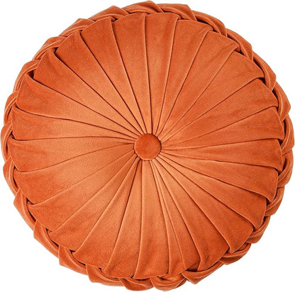 ROSE&RISY Round Pleated Hand-Stitched Velvet Throw Pillow, 1 Pcs Decorative Accent Pumpkin Pillow Cushion for Couch Sofa Chair Bed Car Home Decor (14.5 Inch, Orange)