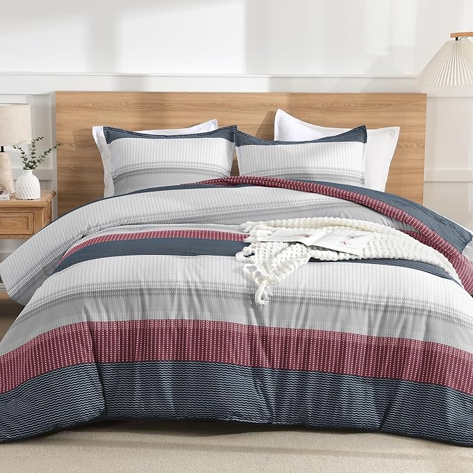 Litanika Comforter Set Queen Size Red Blue - 3 Pieces Lightweight Colorblock Stripe Fluffy Bedding Comforter Sets, All Season Bed Set