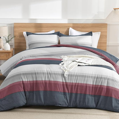 Litanika Comforter Set Queen Size Red Blue - 3 Pieces Lightweight Colorblock Stripe Fluffy Bedding Comforter Sets, All Season Bed Set