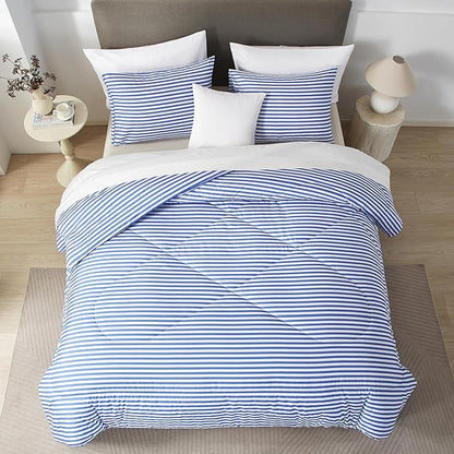 mixinni Striped Comforter Set King Size -Blue Stripes Pattern Bed Set for All Season, 3 Pieces Lightweight Bedding Comforter Sets for All Seasons (1 Soft Fluffy Comforter + 2 Pillowcases)