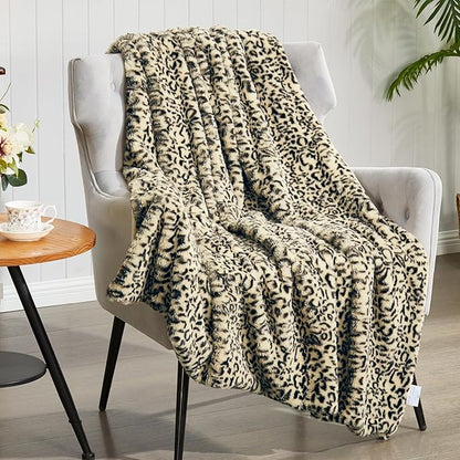 JONIYEAR Decorative Brown Leopard Print Faux Rabbit Fur Twin Size Blanket 60" x 70", Double Sided Soft Thick Warm Cheetah Blankets for Winter, Oversized Cute Cozy Animal Printed Blanket for Women