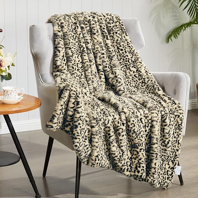 JONIYEAR Decorative Brown Leopard Print Faux Rabbit Fur Throw Blanket for Couch 50" x 60",Double Sided Soft Thick Warm Cheetah Blankets for Winter, Cute Cozy Plush Animal Printed Blanket for Women
