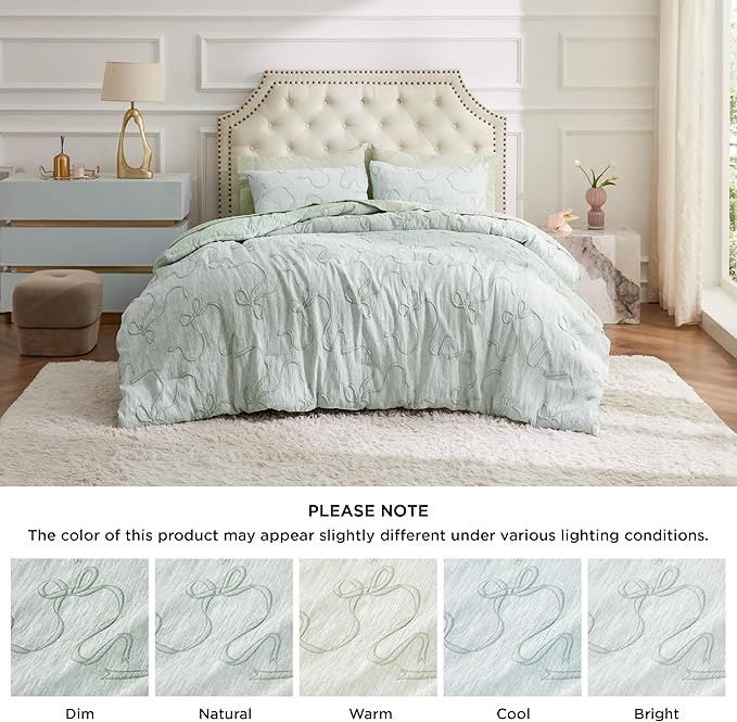 Bedsure Queen Comforter Set, GentleSoft™ 3 Pieces Bow Cute Bedding Green Room Decor Aesthetic, Queen Bedding Sets Gifts for Her Women, 1 Bed Green Comforter, 2 Pillow Shams, 90x90 Inches