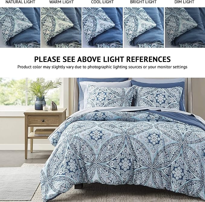 Comfort Spaces Bed in A Bag - Trendy Casual Design Cozy Comforter with Complete Sheet Set with Side Pocket, All Season Cover, Matching Shams, Full(80"x90"), Gloria, Damask Blue 9 Piece