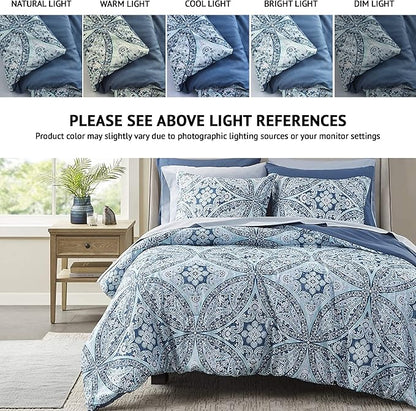 Comfort Spaces Bed in A Bag - Trendy Casual Design Cozy Comforter with Complete Sheet Set with Side Pocket, All Season Cover, Matching Shams, King(104"x90"), Gloria, Damask Blue 9 Piece