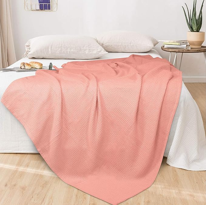 GLAMBURG 100% Cotton Thermal Blanket, Breathable Waffle Blanket, Queen Size, All Season, Peach