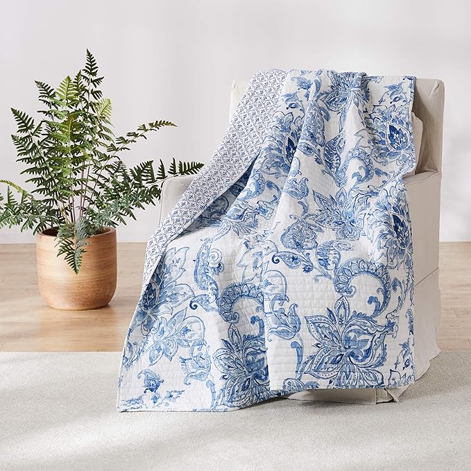 Levtex Home - Bennett - Quilted Throw - 50x60in. - Floral Paisley - Blue and White - Reversible Pattern - Cotton