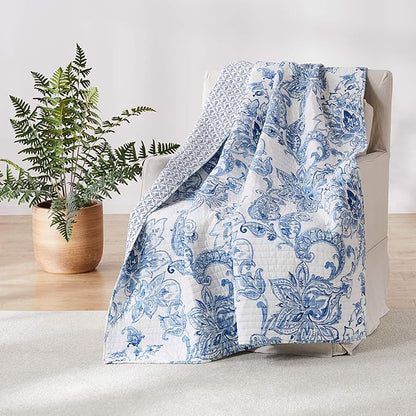 Levtex Home - Bennett - Quilted Throw - 50x60in. - Floral Paisley - Blue and White - Reversible Pattern - Cotton
