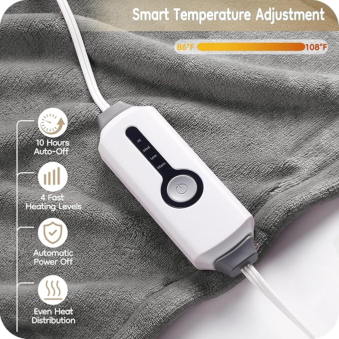 Electric Heated Blanket Full Size 72"×84", Luxurious Breathable Flannel with 4 Heat Settings, 10-Hour Auto Shut-Off & Overheat Protection, for Bed & Couch, Cozy Gift - Light Grey