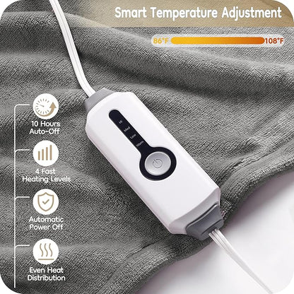 Electric Heated Blanket Full Size 72"×84", Luxurious Breathable Flannel with 4 Heat Settings, 10-Hour Auto Shut-Off & Overheat Protection, for Bed & Couch, Cozy Gift - Light Grey