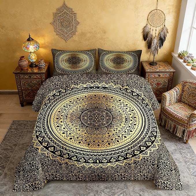 Hippie Mandala Comforter Set Twin Size for Boys Kids Gold Mandala Room Decor Psychedelic Comforter Teens Bedroom Indian Boho Bedding Set All Season 1 Comforter with 1 Pillow Case,Lightweight Warm Soft
