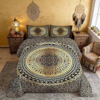 Hippie Mandala Comforter Set Twin Size for Boys Kids Gold Mandala Room Decor Psychedelic Comforter Teens Bedroom Indian Boho Bedding Set All Season 1 Comforter with 1 Pillow Case,Lightweight Warm Soft