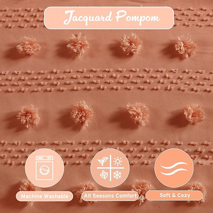 Intelligent Design King Comforter Set, Clipped Jacquard Comforter Set Chic Pompoms Accent, All Seasons Lightweight & Fluffy Comforter Bed Set with 2 Shams, Lucy, King/Cal King Rust 3 Piece