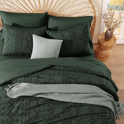 Full Size Comforter Set Dark Green, Tufted Boho Bedding Farmhouse Bed Set, All Season 7 Pieces Bed in a Bag with Sheets, Pillowcases & Shams
