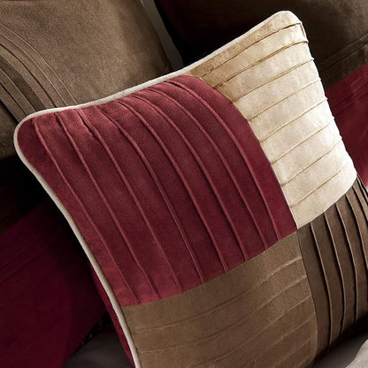Madison Park Cozy Comforter Set Casual Blocks Design All Season, Matching Bed Skirt, Decorative Pillows, Cal King(104"x92"), Red Brown, 7 Piece