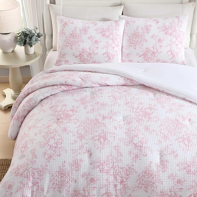 Laura Ashley - Comforter Set, Soft Poly Waffle Textured Bedding with Matching Shams, Delicate Floral Design (Delphine Pastel Pink, Full/Queen)