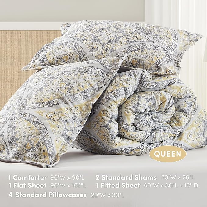 Comfort Spaces Bed in A Bag Comforter Set - Trendy Casual Design Queen Comforter with Complete Sheet Set with Side Pocket, All Season Comforter Queen, Shams, Gloria, Queen Grey/Yellow 9 Piece