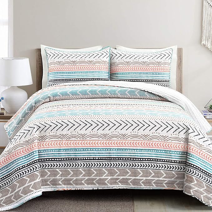 Lush Decor Hygge Geo Pattern Striped 3 Piece Quilt Bedding Set, King, Neutral & Multicolored