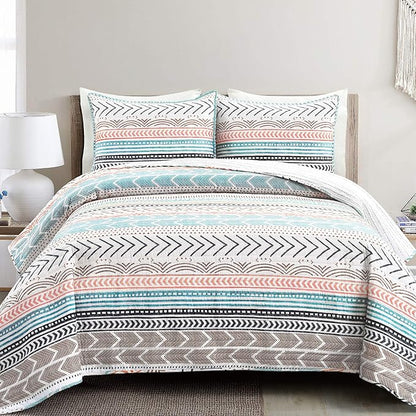 Lush Decor Hygge Geo Pattern Striped 3 Piece Quilt Bedding Set, King, Neutral & Multicolored