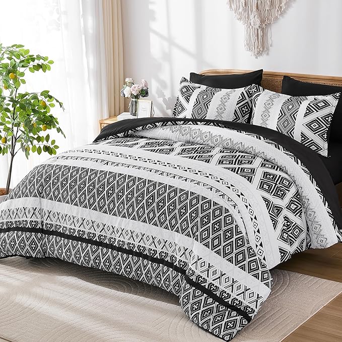 Luxudecor Black Comforter Set King Size 7 Pieces,Boho Aztec Comforter with Sheet Set,Geometric Striped Pattern Bed in a Bag,Soft Microfiber Bed Set 104"x90"