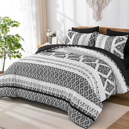 Luxudecor Black Comforter Set King Size 7 Pieces,Boho Aztec Comforter with Sheet Set,Geometric Striped Pattern Bed in a Bag,Soft Microfiber Bed Set 104"x90"