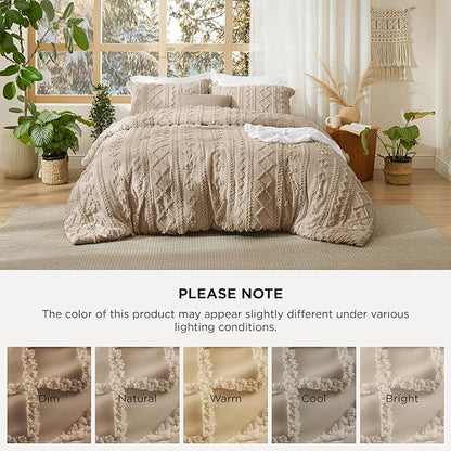 Bedsure Tufted Boho Comforter Set Oversized Queen - Khaki Boho Bed Set, GentleSoft™ 3 Pieces Farmhouse Shabby Chic Embroidery Bedding, Gifts for Woman, Soft Jacquard Comforter for All Seasons