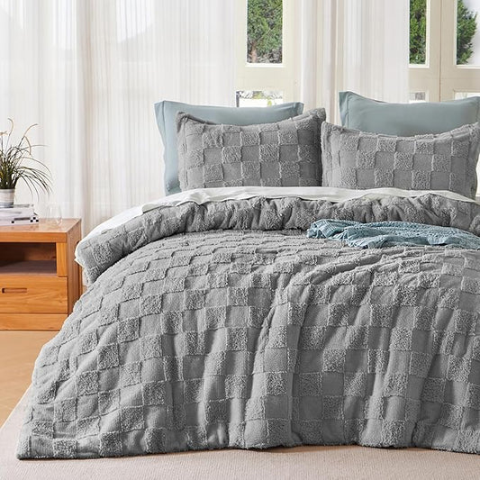 Joiedomi Tufted King Size Comforter Set, 3 Pieces Grey Boho King Bedding Set with 1 Plaid Geometric Comforter and 2 Pillow Shams, Checkered Bed in a Bag for All Seasons