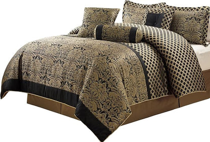 Chezmoi Collection 7-Piece Black/Gold Diamond Floral Medallion Jacquard Woven Comforter Set, California King