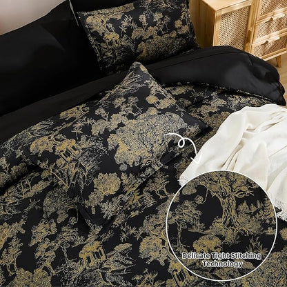 DJY Black Comforter Set King, 7 Pieces Black and Gold Botanical Comforters King Size Bed in a Bag Elegant Plants Print with Sheets Soft Microfiber Complete Bedding Sets for All Season