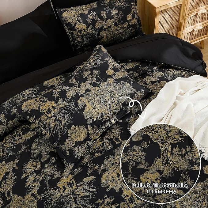 DJY Black Comforter Set Queen, 7 Pieces Black and Gold Botanical Comforters Bed in a Bag Queen Size Elegant Plants Print Bedding with Comforter, Flat Sheet, Fitted Sheet, Pillow Shams Pillowcases