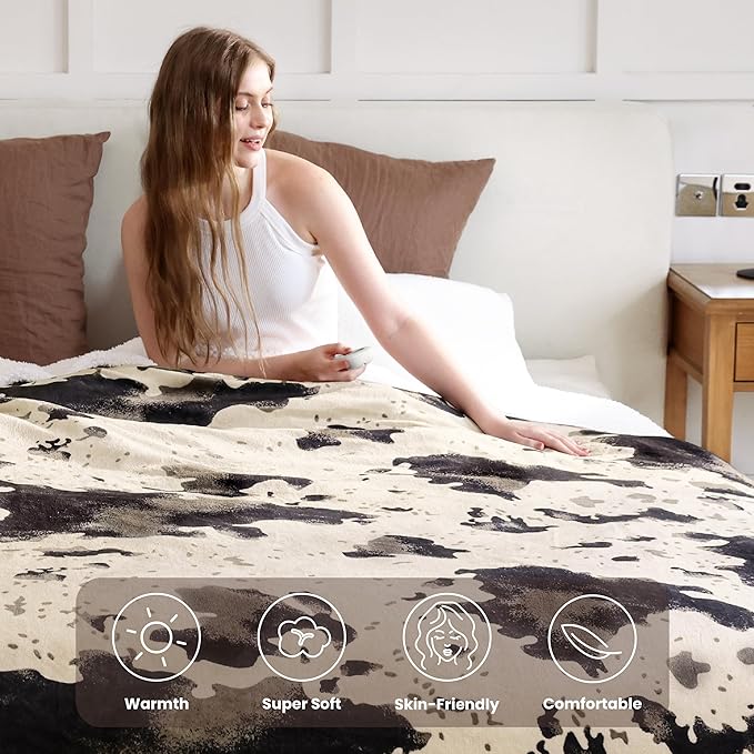 Cow Print Heated Blanket Full-Heating Electric Blanket Full with 10 Heat Levels & 10 Hours Auto-Off, Cozy Soft Fleece Sherpa, Washable, 72 x 84 Inche Cow Print Light Brown