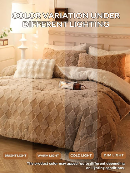Tufted Fleece Comforter Set Twin - Super Soft Warm Fluffy Shaggy Bedding Sets, Diamond Plaid Jacquard Bed Set for Winter, 1 Sherpa Comforter with 1 Pillow Cases (68"X90" Beige)
