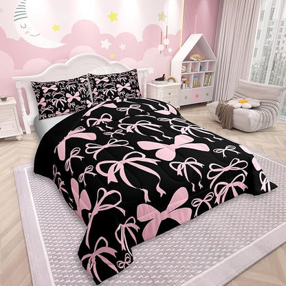 Feelyou Bow Bedding Set Boys Girls Toddler Size Black Pink Girls Bow Comforter Set for Kids Women Men Ultra Soft Cute Bowknot Comforter Lovely Duvet Set