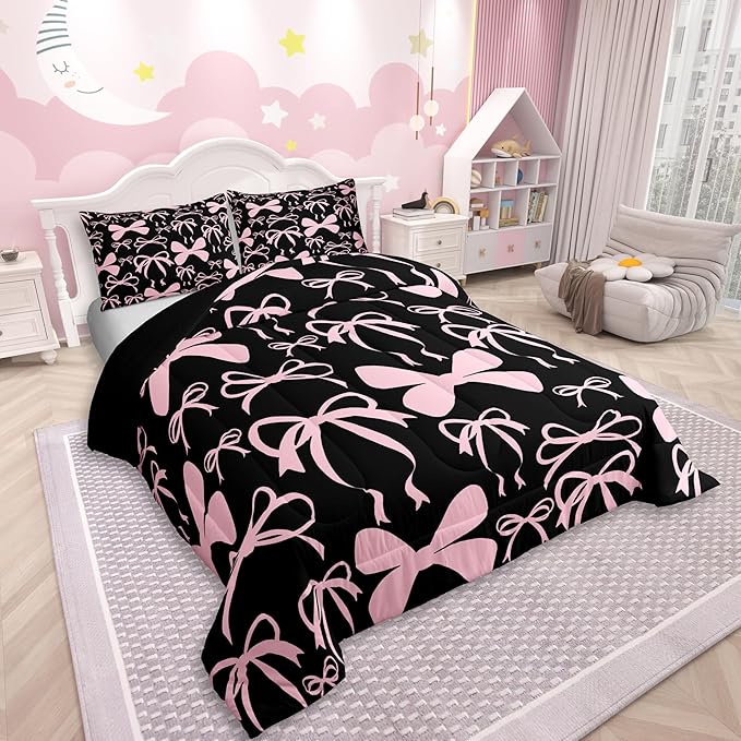 Feelyou Bow Bedding Set Boys Girls Full Size Black Pink Girls Bow Comforter Set for Kids Women Men Ultra Soft Cute Bowknot Comforter Kawaii Bow Duvet Set Room Decor Lovely Decor Quilt Set