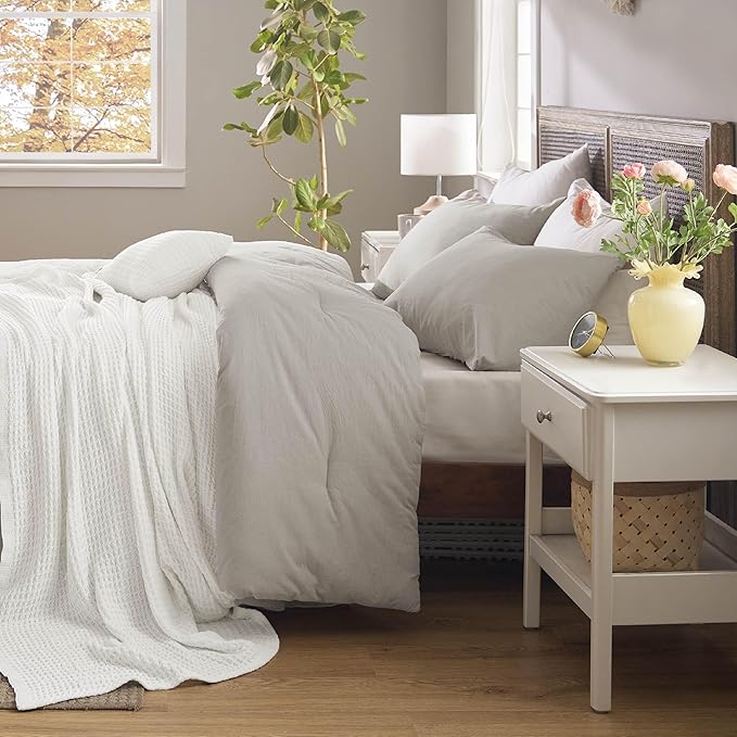 Bedsure 5 Pieces Cotton Comforter Set with Waffle Throw Blanket - Soft Breathable Bedding Set for All Seasons, Beige Comforter King Size, Pillow Shams, White 100% Cotton Blanket, Throw Pillow
