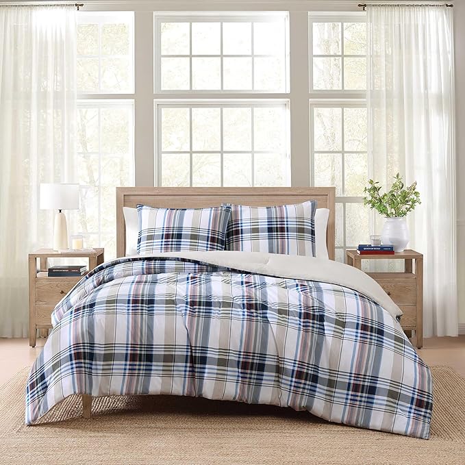 Tommy Hilfiger - Full/Queen Comforter Set, Cotton Textured Bedding with Matching Shams, Medium Weight Bed Set, Oeko-TEX Certified (Waterbury Plaid Blue)